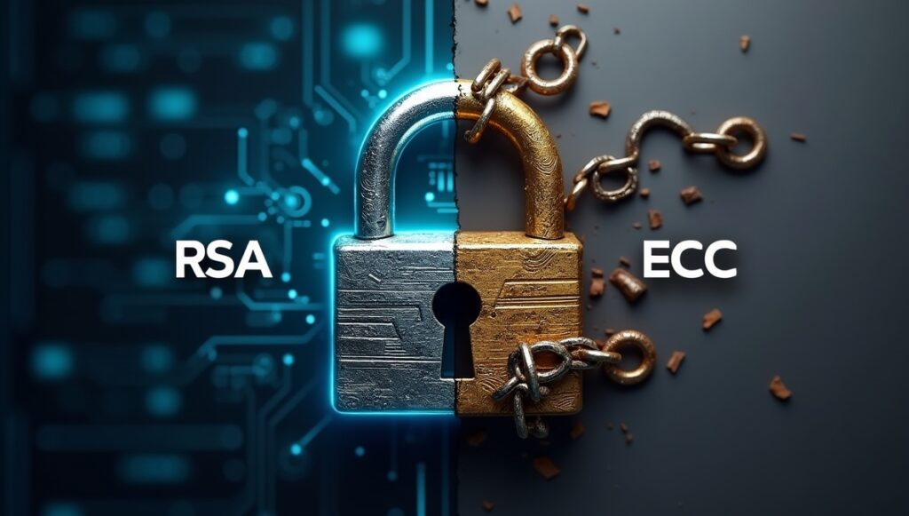 Broken locks representing RSA and ECC vulnerability