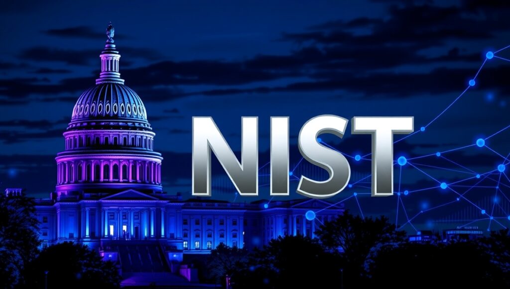 NIST headquarters with quantum cryptography symbols