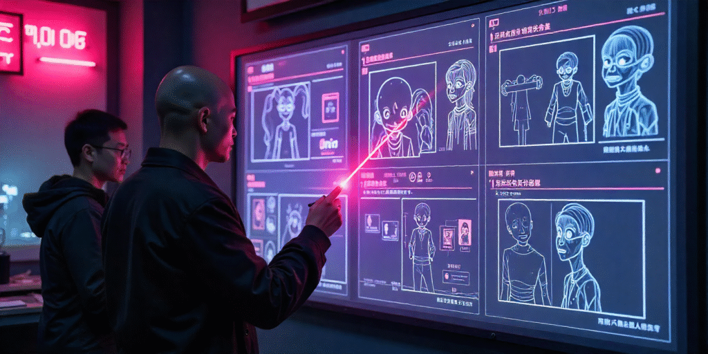 Anime directors reviewing AI-generated characters and storyboards