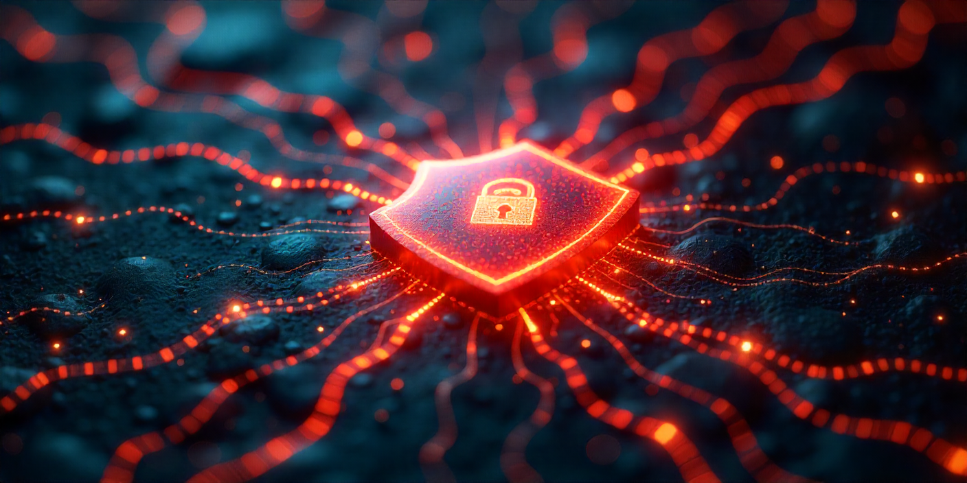 AI cybersecurity threats visualized as a glowing digital shield protecting data pipelines against neural network attacks and malicious AI code.