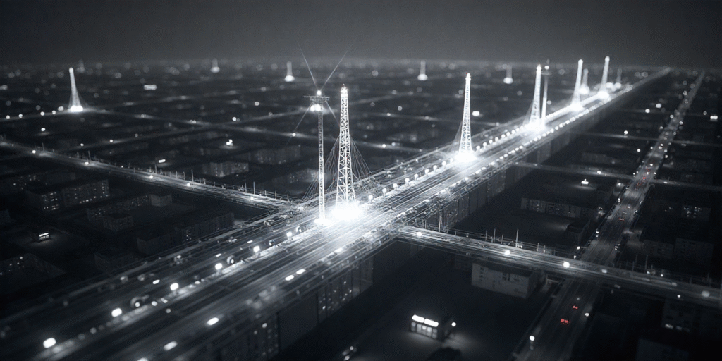 5G network towers and IoT devices connected with neon lines in futuristic cityscape