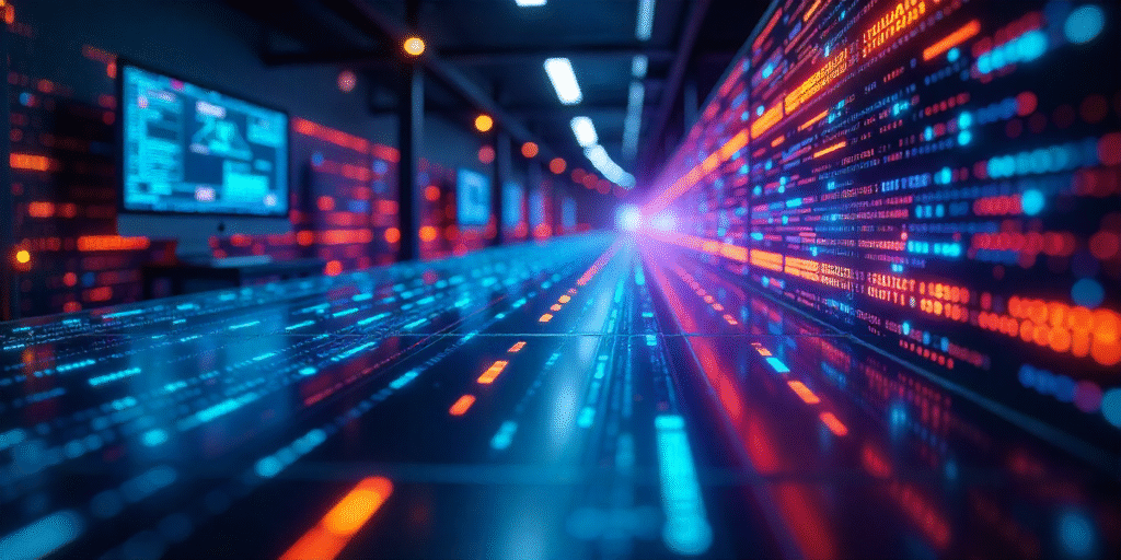 Futuristic AI-powered 6G network with terahertz signals and holographic data flows