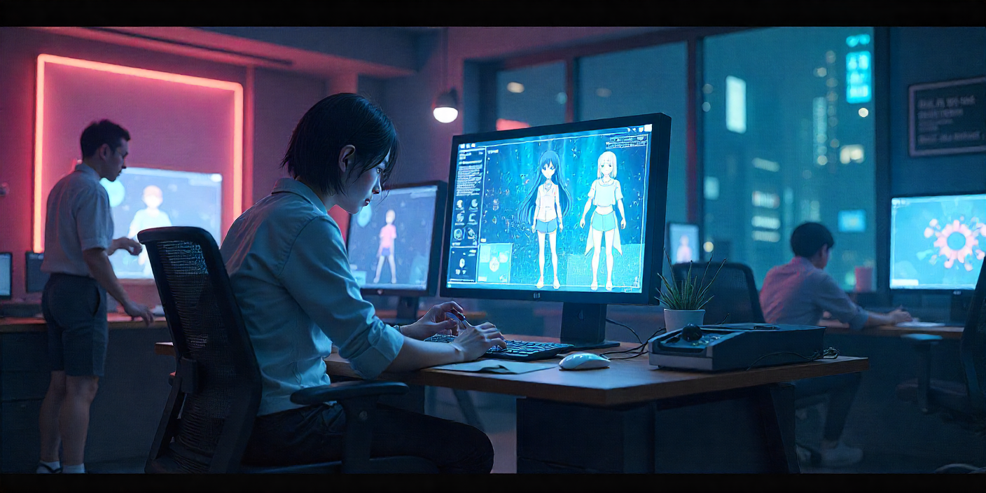Toei Animation office blending traditional anime drawings with AI-powered digital tools and holographic screens.