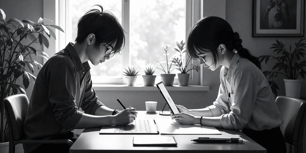 Anime artists drawing by hand while AI-powered digital tools assist in creating anime frames.