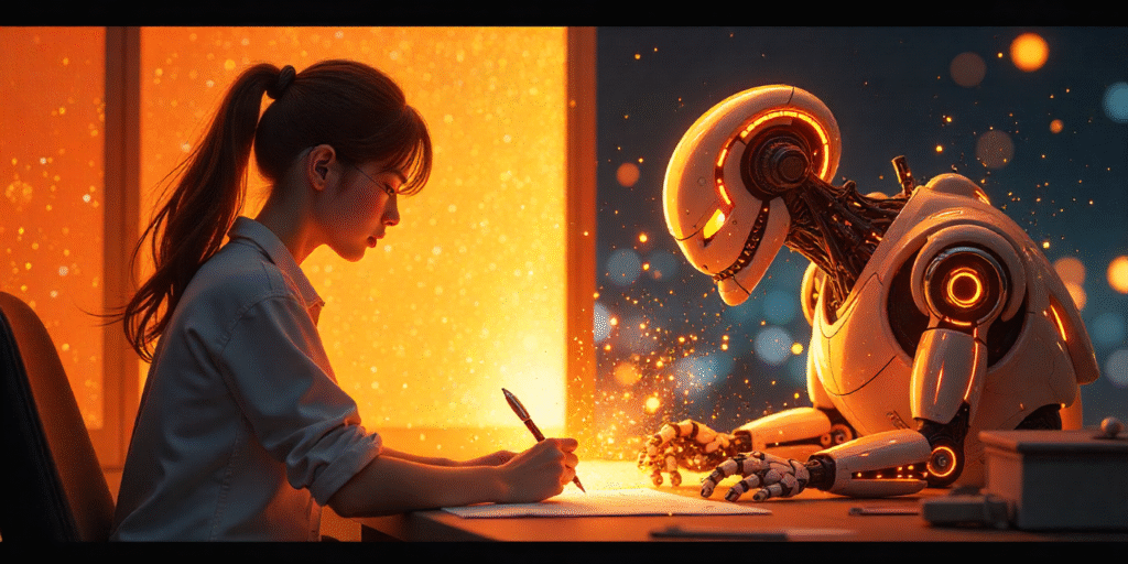 Split-frame showing an anime artist sketching by hand while an AI robot generates anime scenes digitally.