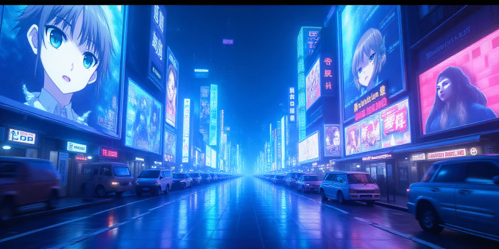 Futuristic anime city with holographic anime characters blending traditional and AI-driven animation styles.