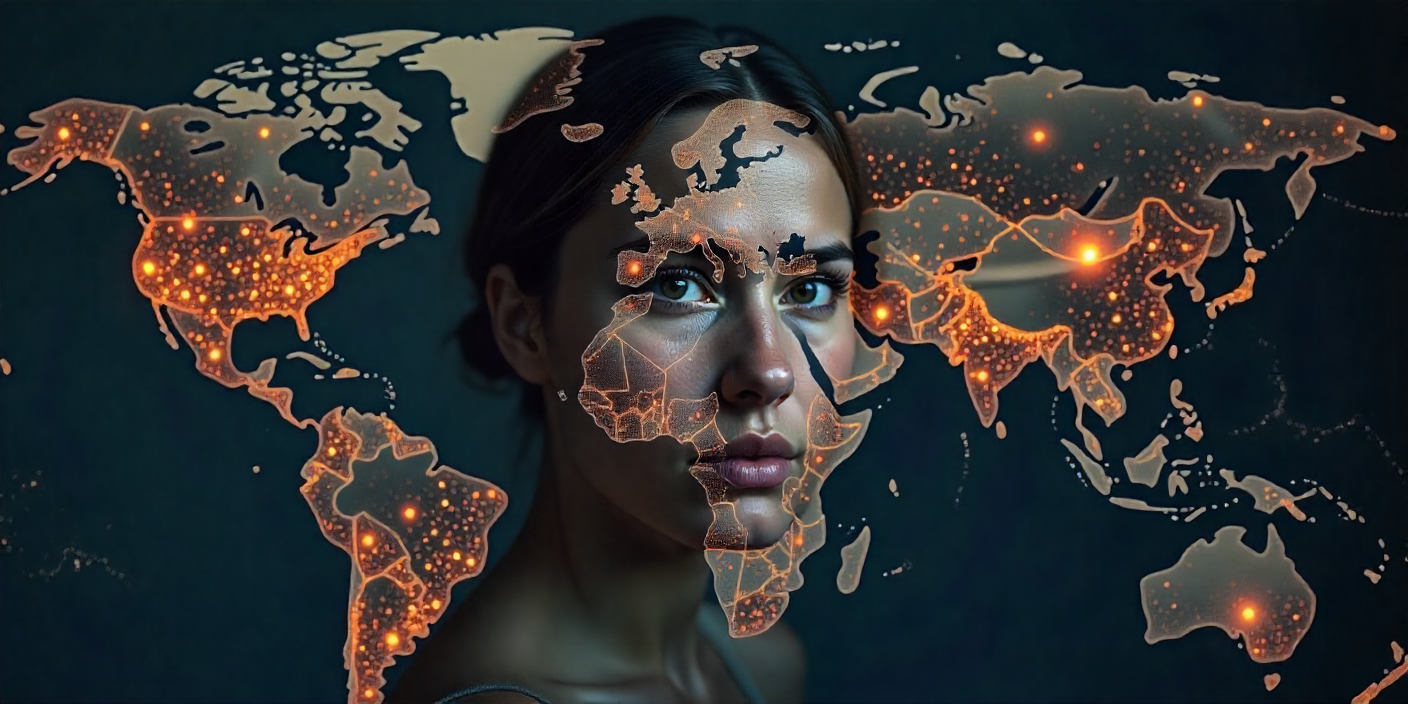 A futuristic digital interface showing a person interacting with an AI-driven mood app, glowing colors representing emotions, with a dark background hinting at privacy risks.