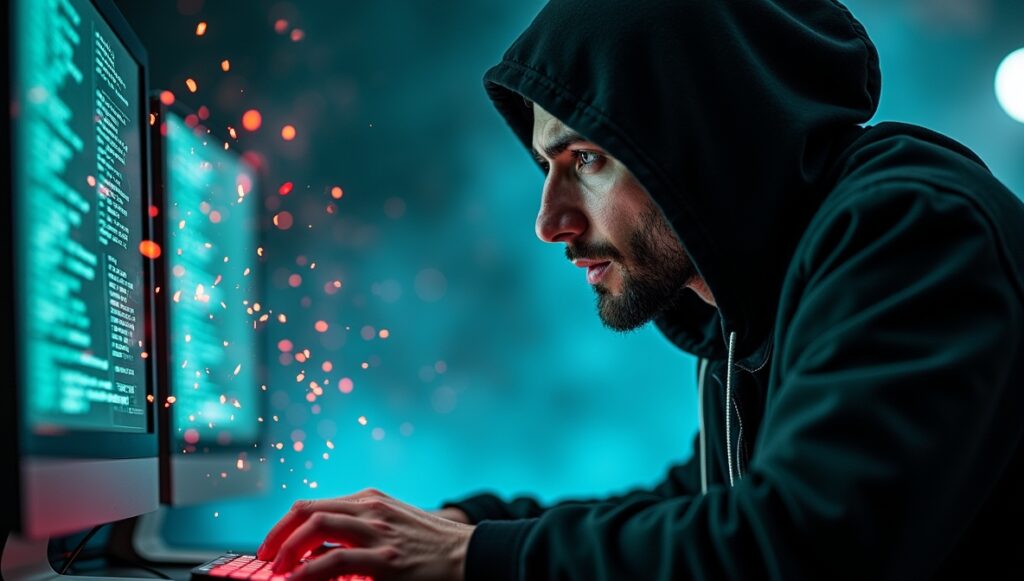 Zero-day exploit chain visualized through digital code vulnerability breach.