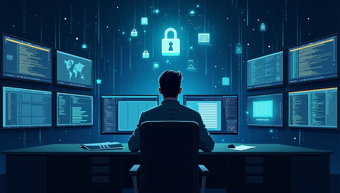 Cybersecurity expert tracking ransomware attacks on digital dashboards in 2025