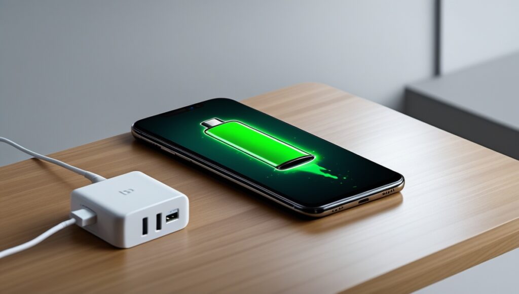 Hybrid phone showing full battery and charger beside it.
