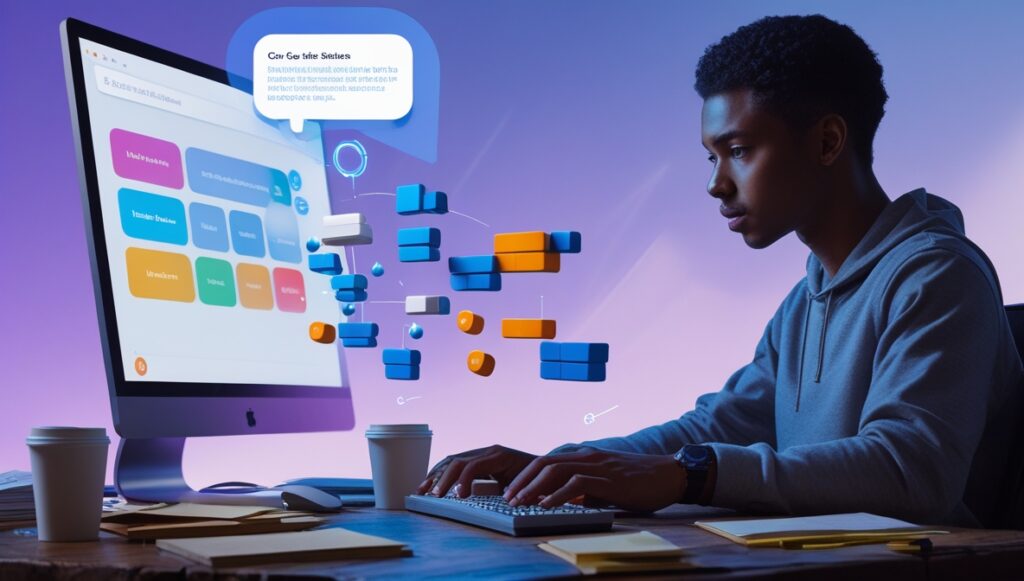 Low-code platform with AI chatbot suggesting app logic.