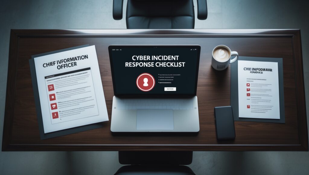 Cyber incident response checklist on a CIO’s desk with ransomware alert visible