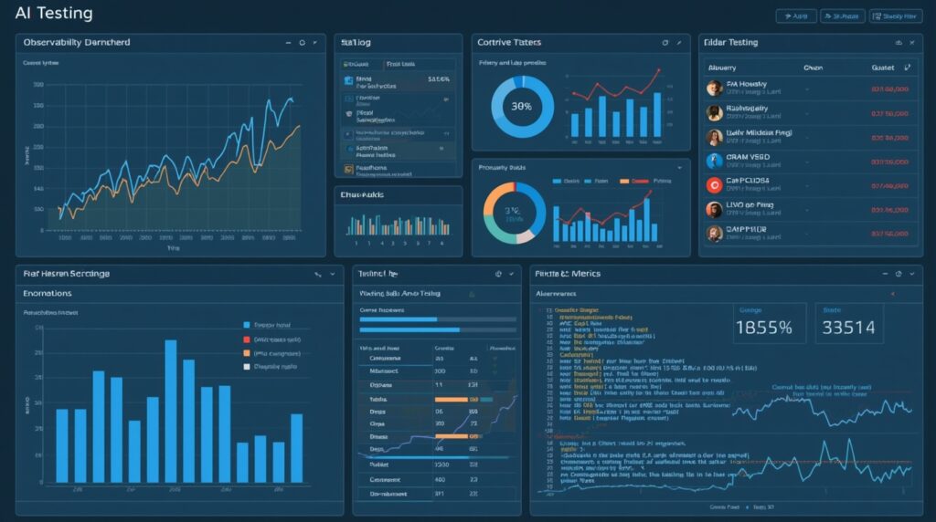 Dashboard showing AI test harness metrics and observability logs