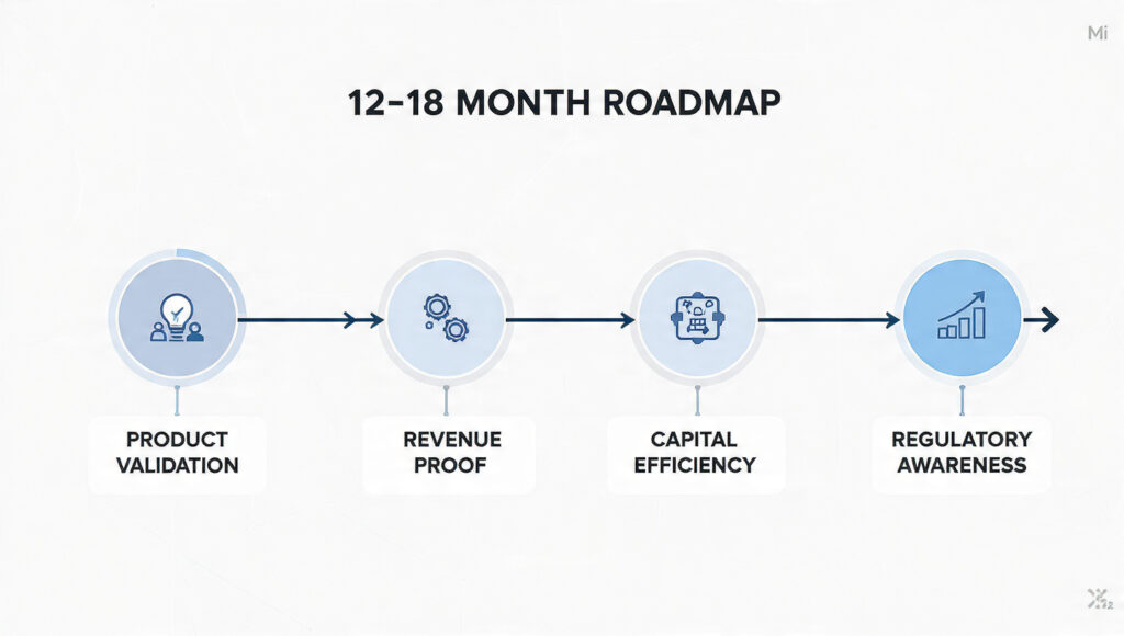 Infographic showing the 2025 startup roadmap with milestones for growth and funding.