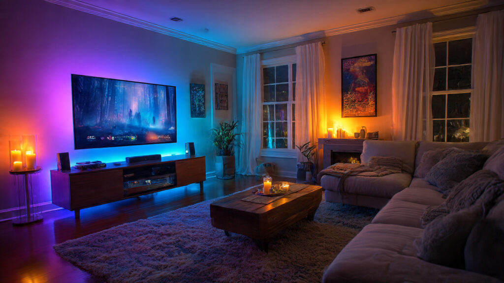 Philips Hue smart lights changing colors in a modern living room.