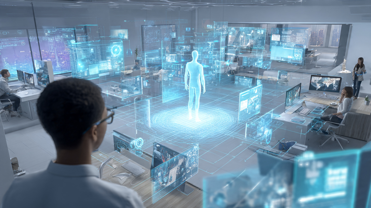 Futuristic AI agent managing workflows and digital systems autonomously in 2025.