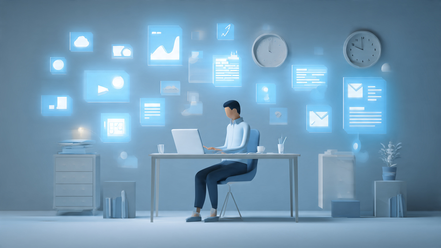 Powerful AI apps boosting productivity and automating work tasks in a futuristic workspace with glowing digital icons and modern design.