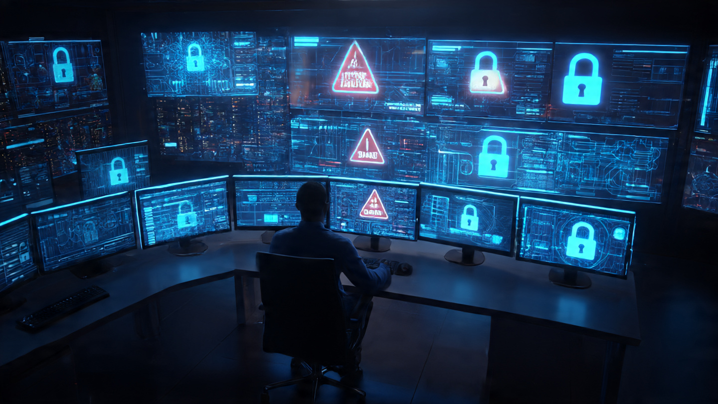 Cybersecurity analyst working in control room after data breach detection.