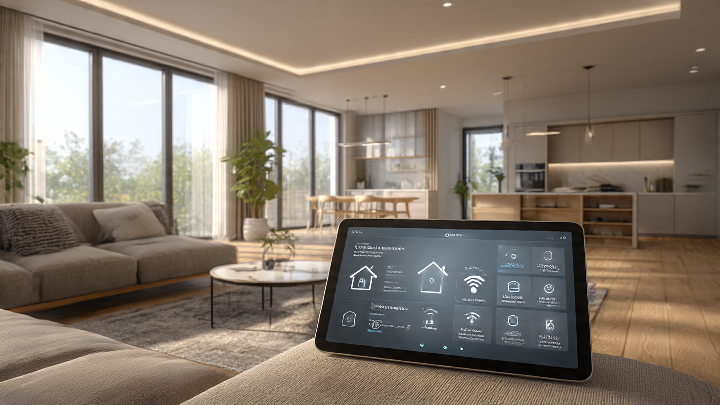 Smart home living room setup with modern devices connected through automation.