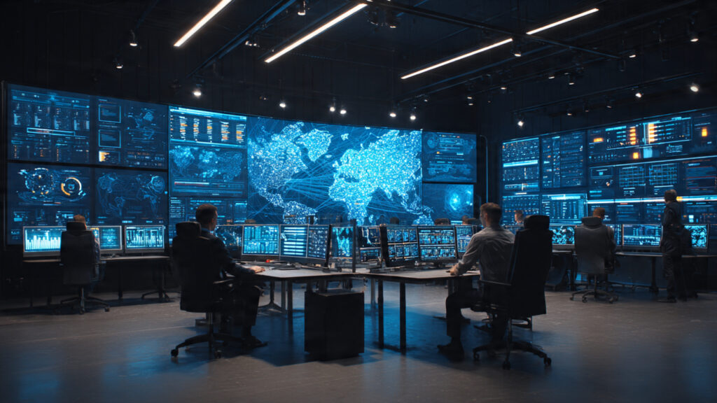 Security analysts working with AI-powered automation in a modern Security Operations Center.