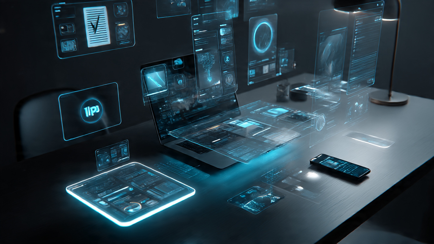 Futuristic workspace showing top AI apps for writing, coding, and photo editing in 2025.