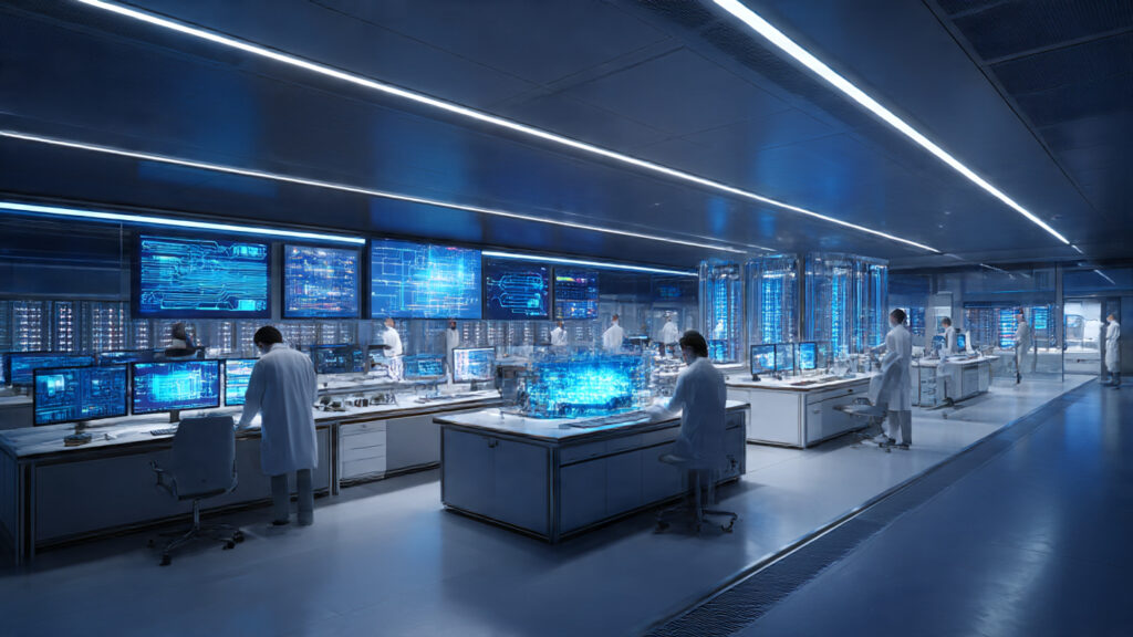 5G towers connecting US and Japan through digital light beams over a futuristic city.