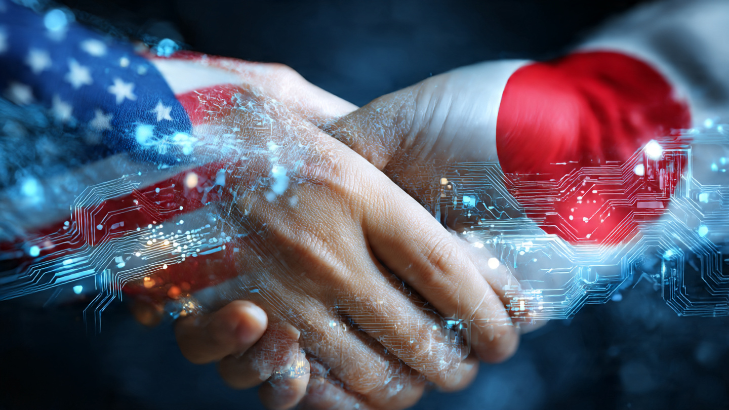 US and Japanese AI researchers collaborating in a modern lab with digital network holograms.