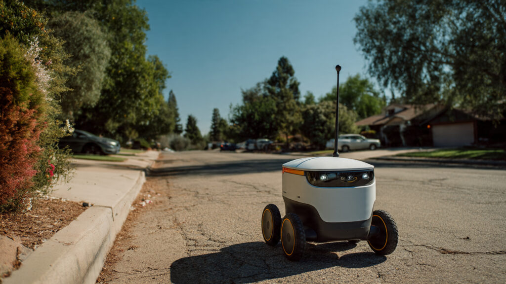 Autonomous Amazon delivery robot on residential sidewalk with houses and trees