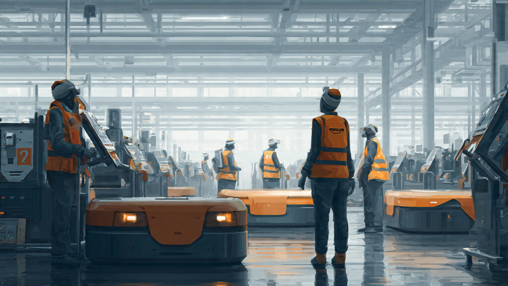 Amazon employees supervising collaborative robots inside an automated logistics center