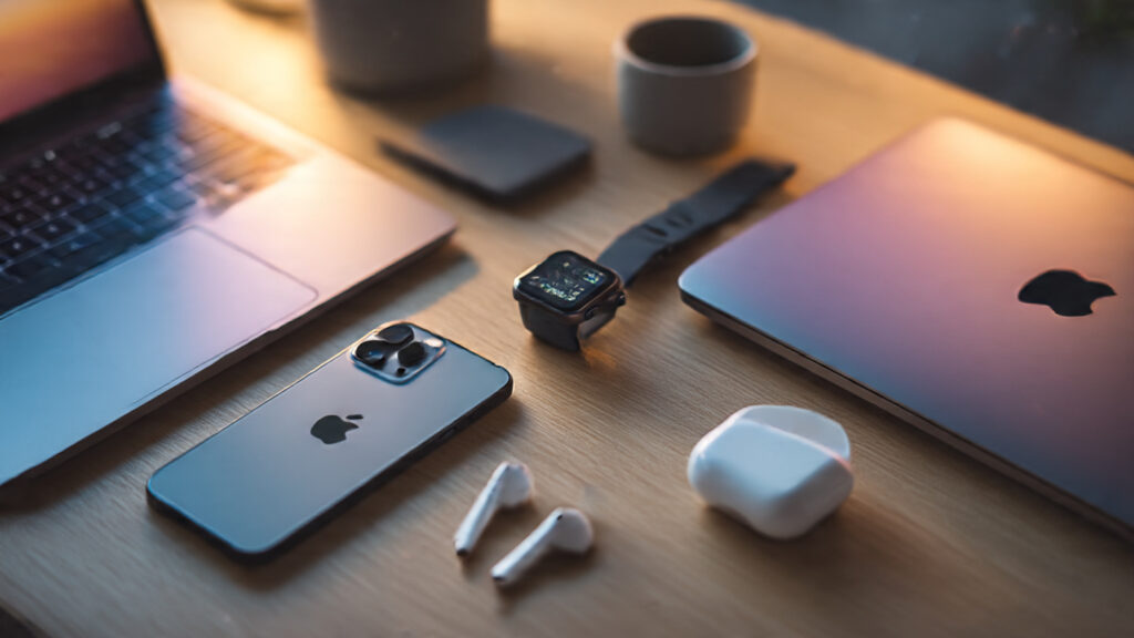 Apple ecosystem with iPhone 17, MacBook, Apple Watch, and AirPods arranged on a clean workspace