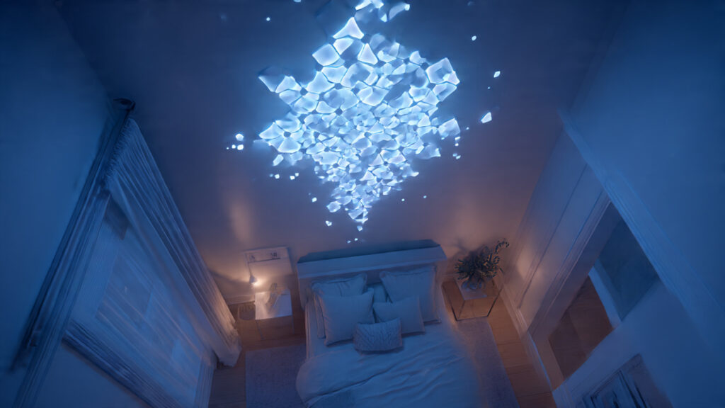 Nanoleaf Skylight smart panels lighting up a bedroom.