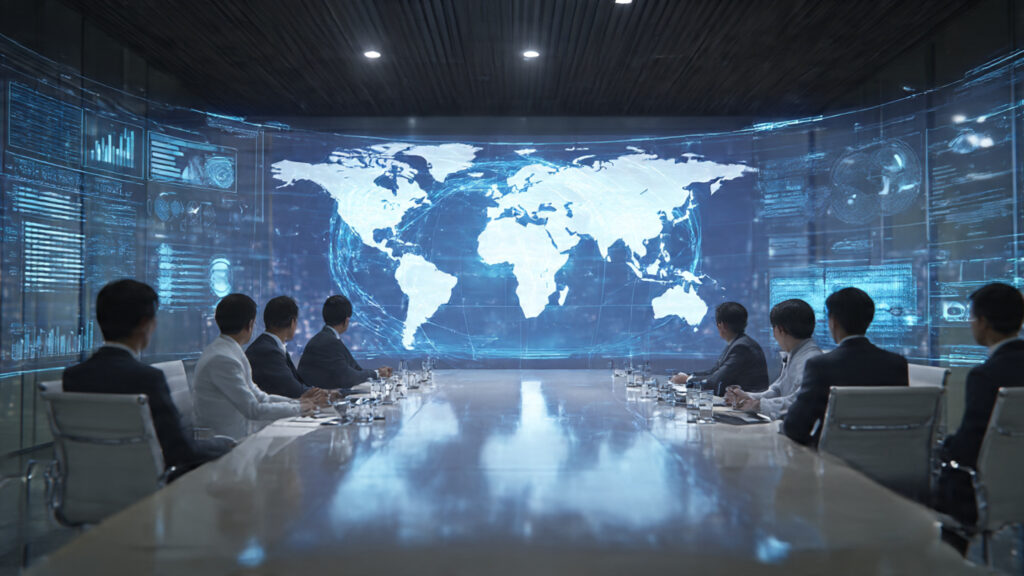 Global data connections radiating from the US and Japan across continents.