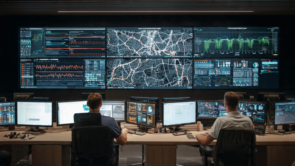 AI control room monitoring predictive logistics and route optimization for Amazon delivery robots