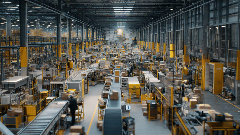 Warehouse automation robots in Amazon’s fulfillment center using AI logistics systems