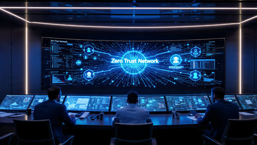 Cybersecurity analysts monitoring zero trust architecture dashboard
