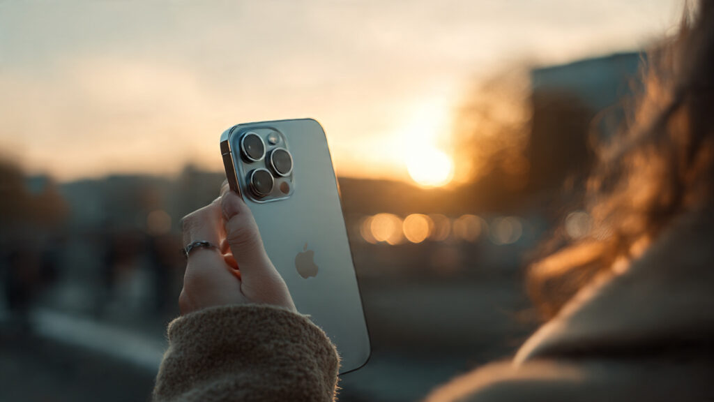 iPhone 17 triple-lens camera system in use by a photographer at sunset