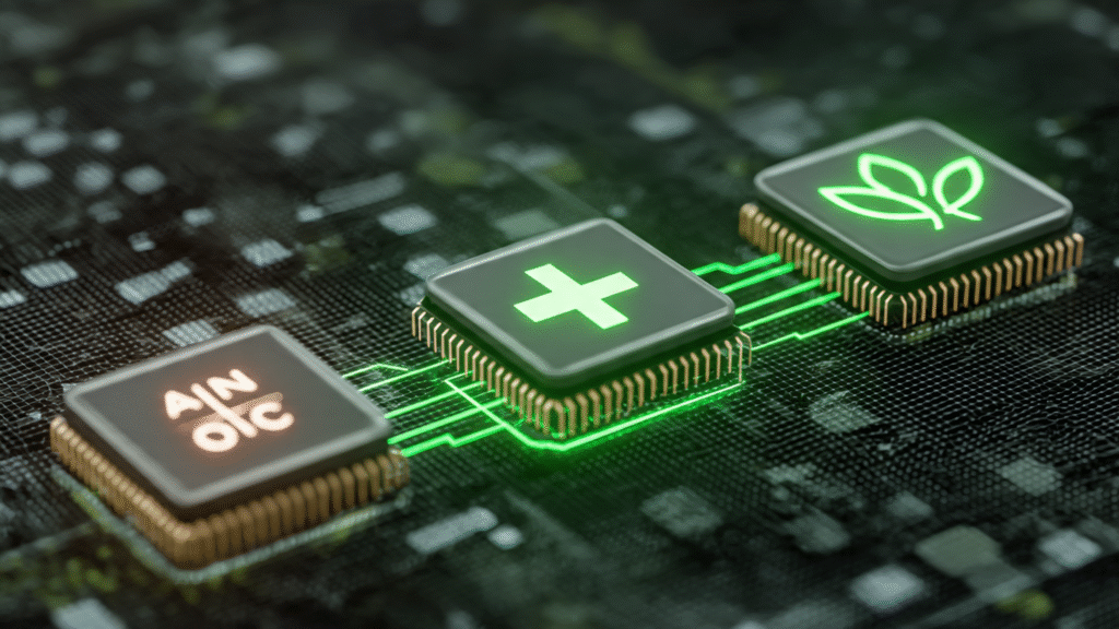 Icons representing AI, health tech, and climate tech interconnected on a digital network.