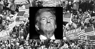 Donald Trump’s face overlaid on a large protest crowd, highlighting political violence.