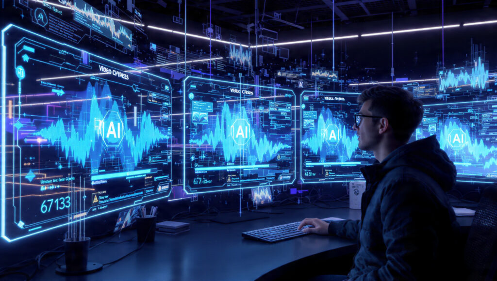 Futuristic studio displaying AI video generation workflow.