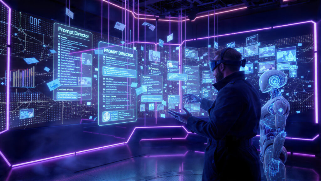 3D render of a Prompt Director managing AI video storyboards.