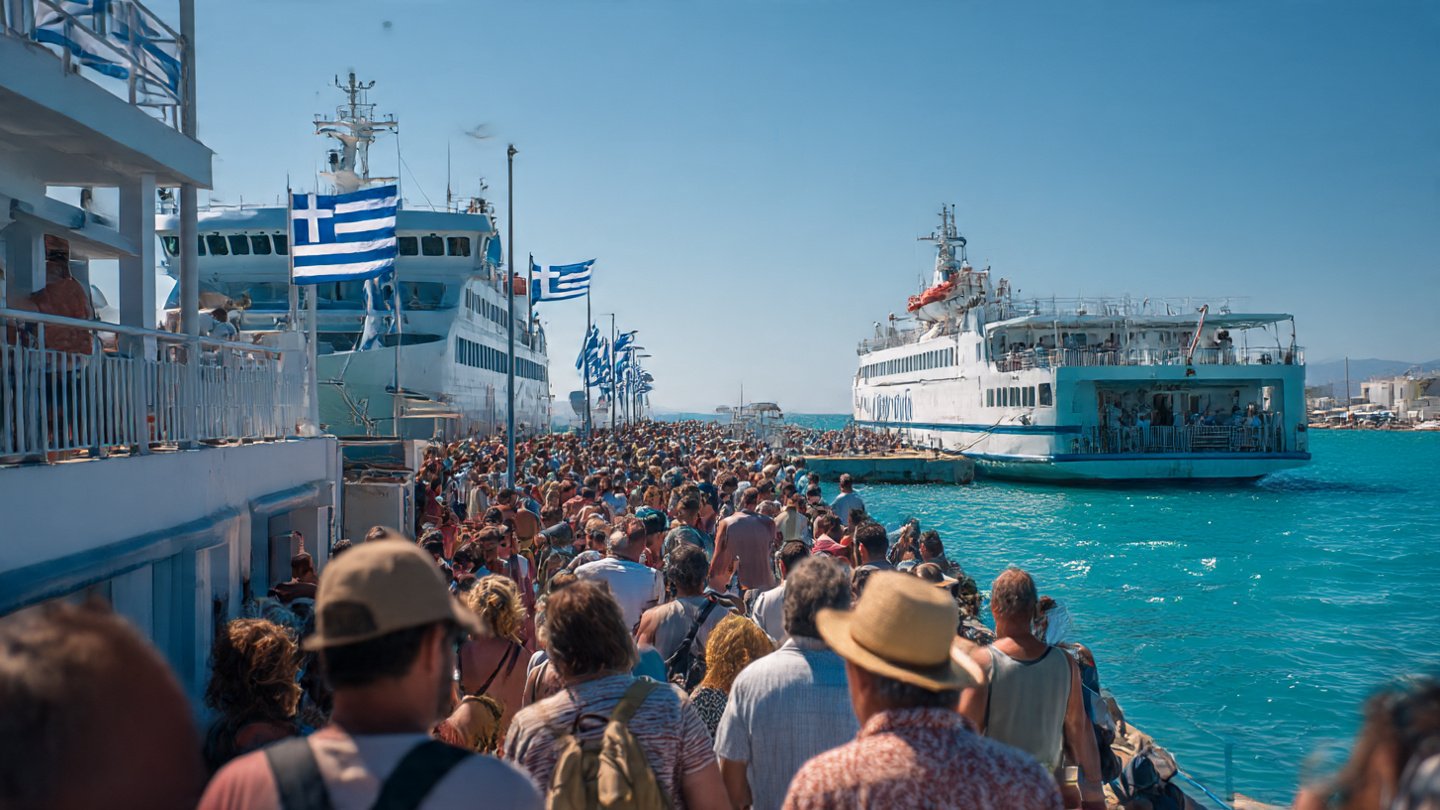 Tourists walking through a busy Greek island port during the Greece Tourism Boom 2025