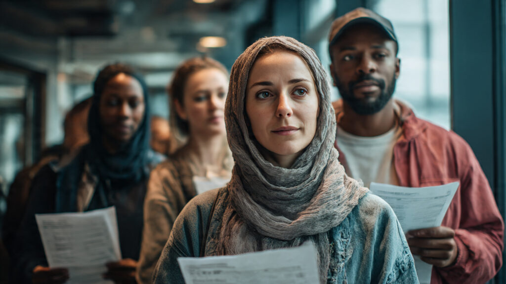 Refugees and migrants sitting in a UK office waiting area during the UK immigration shake up 2025.