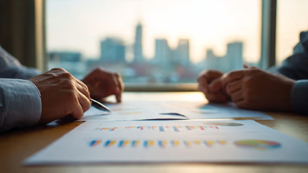 Business professionals reviewing documents with declining charts during Europe M&A slowdown 2025.