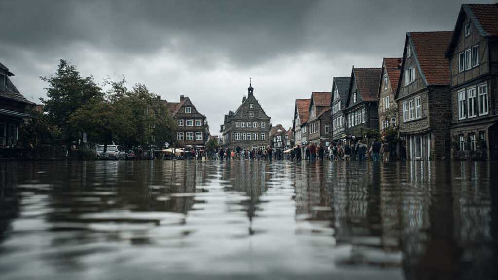 Europe Environment State 2025.Flooded European town illustrating climate change impacts across the region.