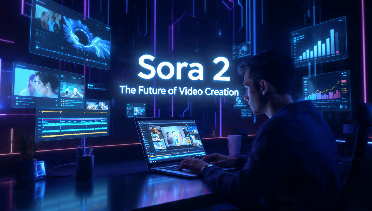 3D futuristic workspace showing a digital creator editing videos with the Sora 2 AI App.