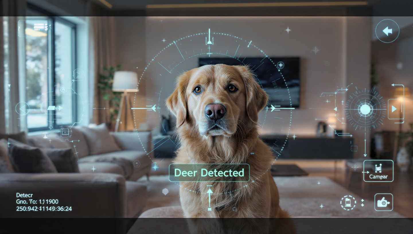 A wide shot of a futuristic smart home glowing at night, filled with interconnected devices represented by light trails, symbolizing trust and transparency in AI systems.
