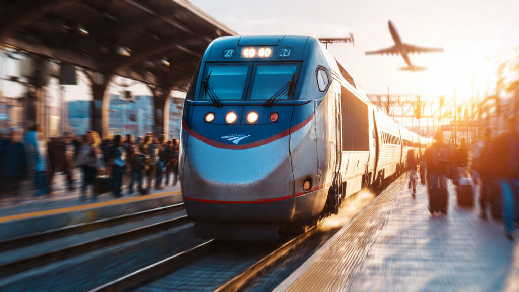 Amtrak train departing station as travelers turn to rail during 2025 US air travel chaos.