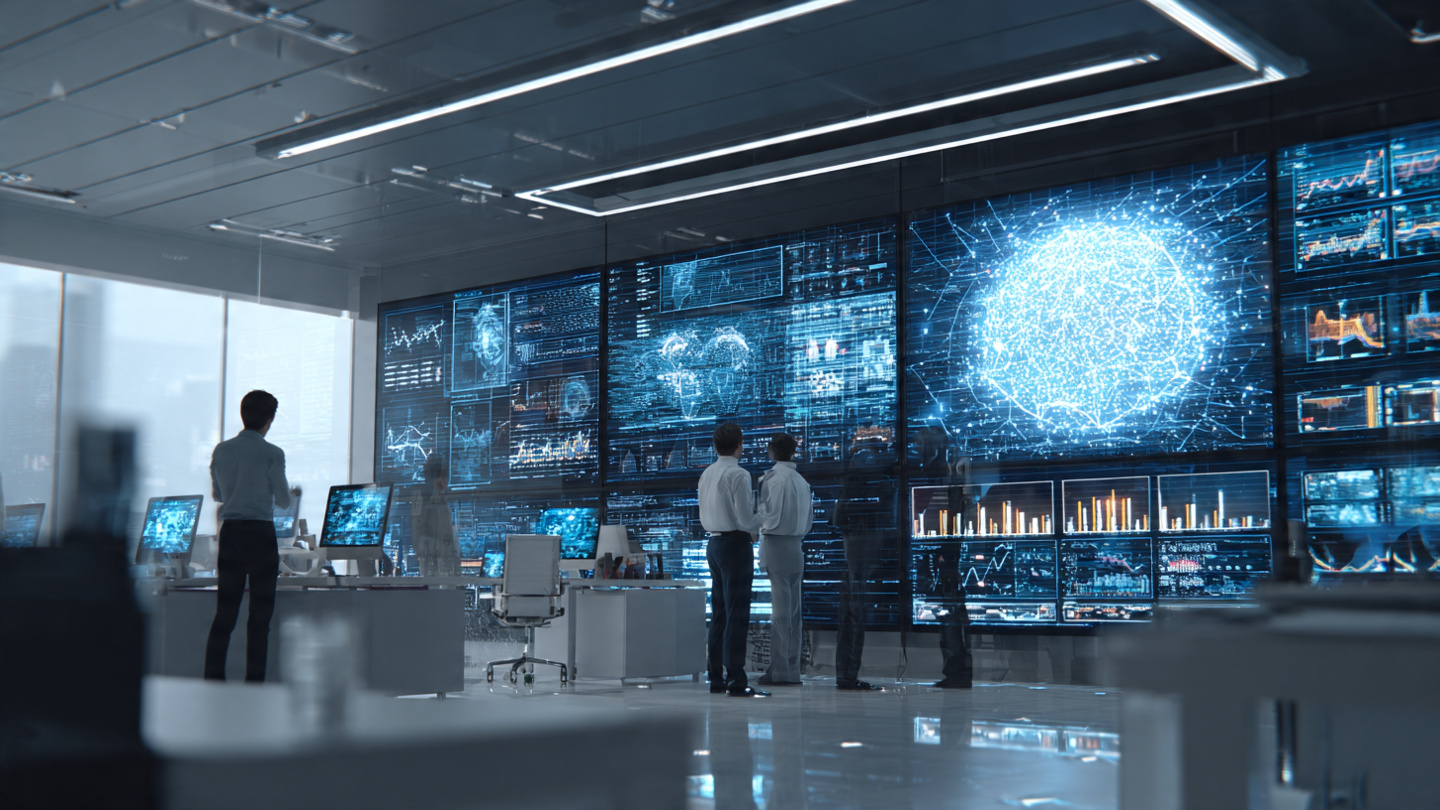 Business professionals analyzing AI investment trends in a modern U.S. tech office.