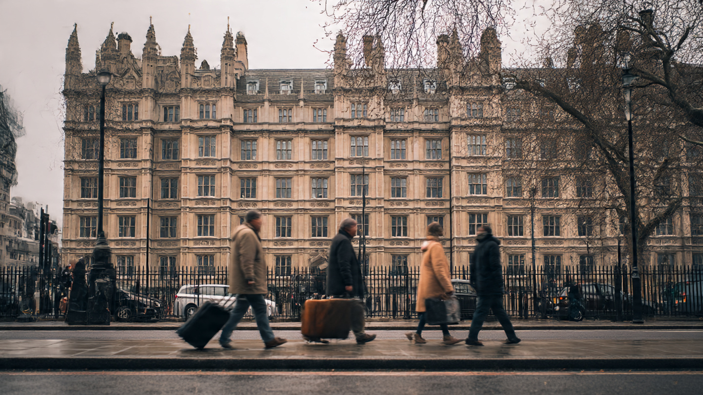 UK Home Office building in London with people walking by, representing the UK immigration shake up 2025.
