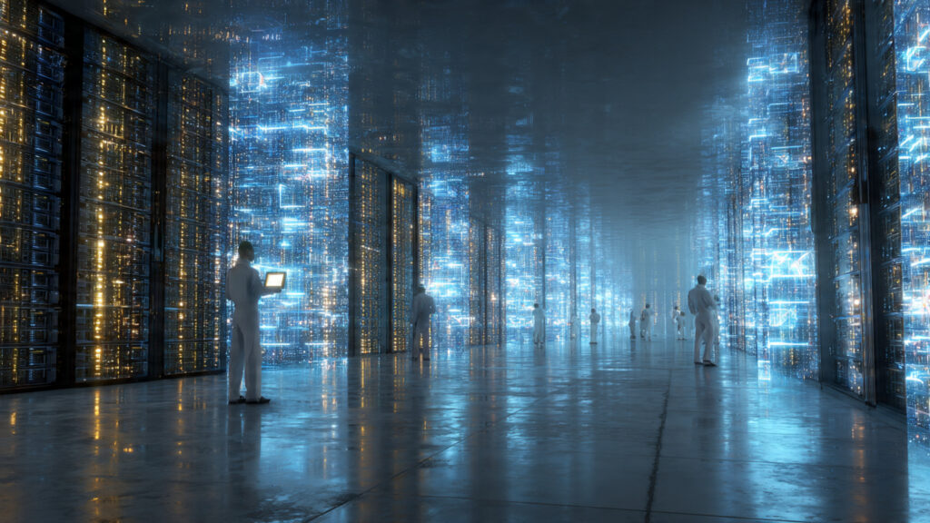 Technicians managing data servers in a U.S. AI data center.